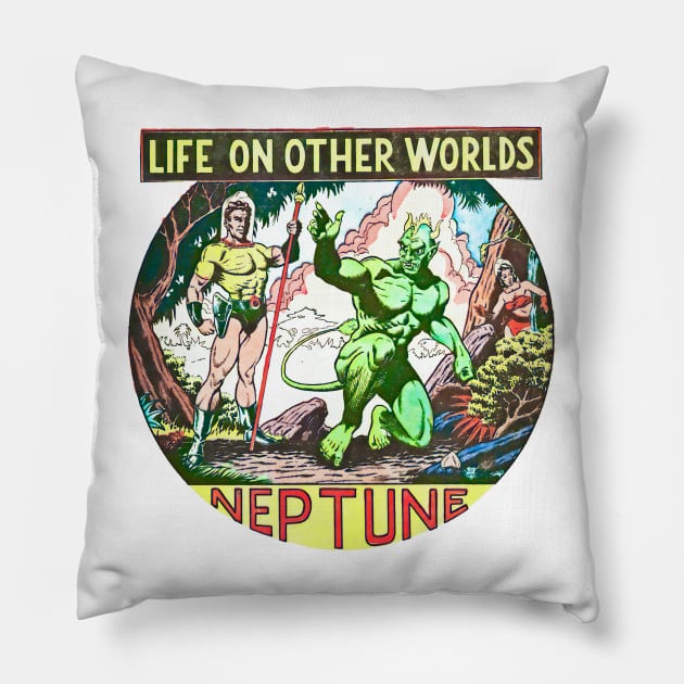 Life on Other Worlds Neptune Extraterrestrial Retro Vintage Comic Pillow by REVISTANGO