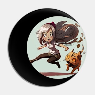 Chibi Girl and Her Cat (round) Pin