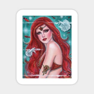 Ruby red mermaid with betta fish art by Renee Lavoie Magnet