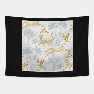 cheetahs and parrots in the jungle | bluish gray and gold | repeat pattern Tapestry