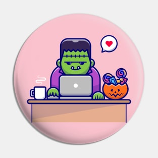 Cute Frankenstein Working On Laptop With Candy And  Coffee Cartoon Pin