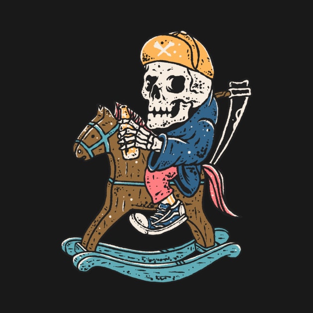 skeleton riding wooden horse by Densap.id