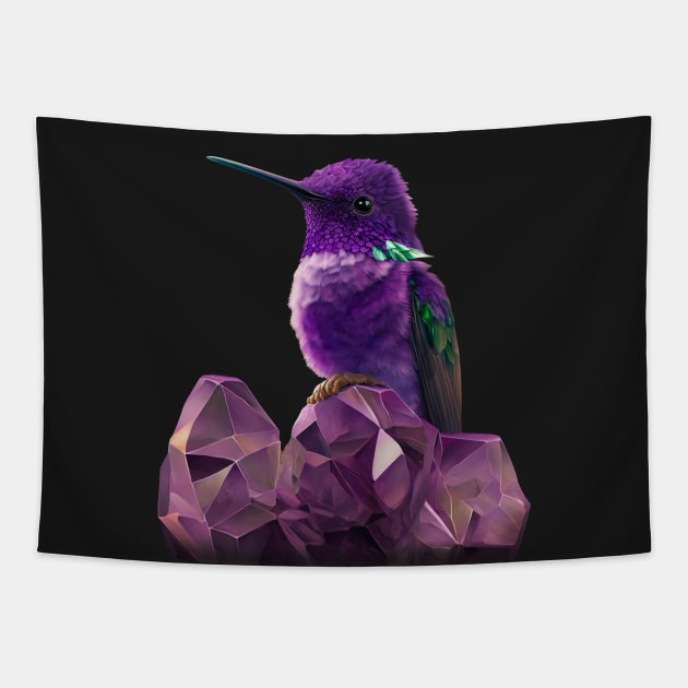 Fantasy Hummingbird perched on Amethyst Crystals Tapestry by SCHummingbirds