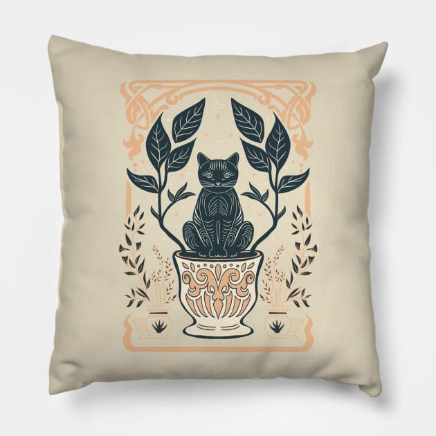 Cat, Plants and Starry Night Pillow by GedWorks