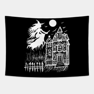 Witch Flying Over Full Moon & Haunted House, Spooky Halloween Gothic Tapestry