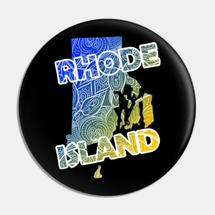 Colorful mandala art map of Rhode Island with text in blue and yellow Pin