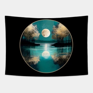 Teal Blue Lake Full Moon Rustic Reflections Tapestry