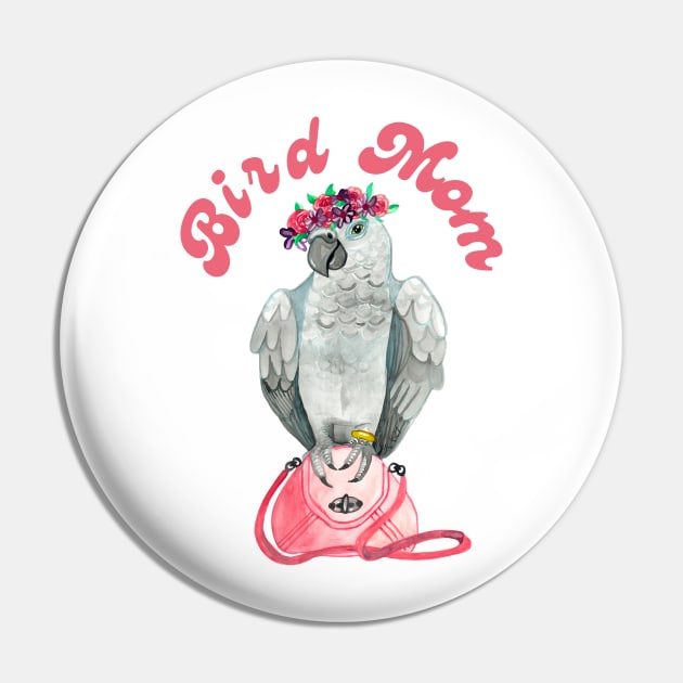 Bird Mom African Grey Parrot Watercolor Pin by IvyLilyArt