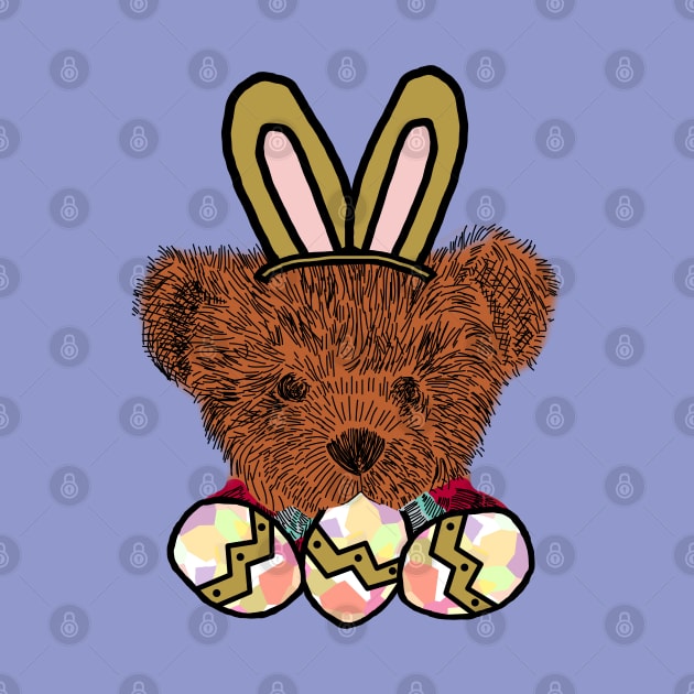 Happy Easter Bunny Ears on Teddy Bear Eating Easter Eggs by ellenhenryart