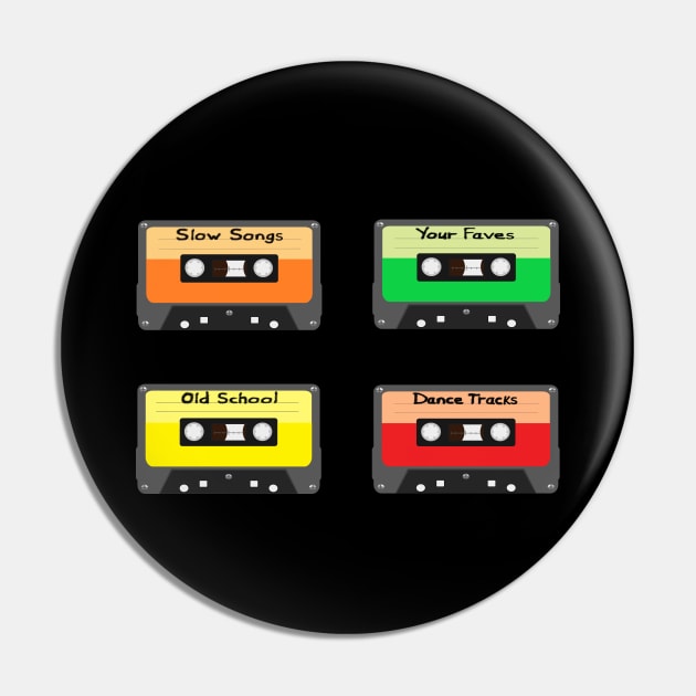 Mixtapes Pack. Set of Four Retro Cassette Mix Tapes in Vintage Colors. Slow Songs, Your Faves, Old School and Dance Tracks. (Black Background) Pin by Art By LM Designs 