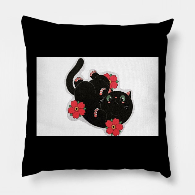 Gato negro jugando con rosas Pillow by Vekonn