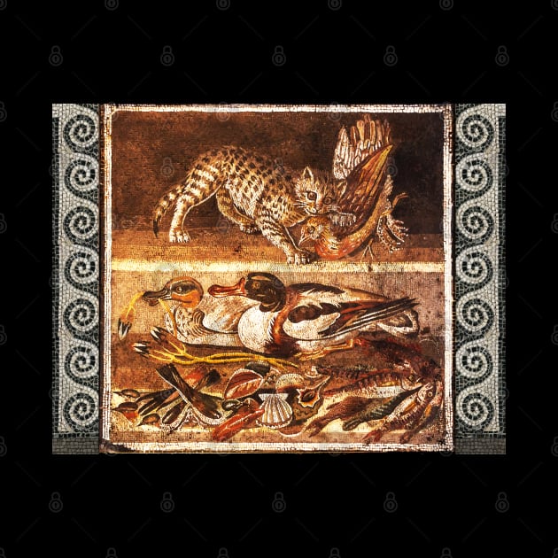 POMPEII ANIMALS,ANCIENT ROMAN MOSAICS ,WILD CAT WITH QUAIL,BIRDS,DUCKS AND FISHES by BulganLumini