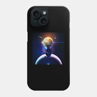 Cat Watching Sunset Sitting on Crescent Moon from Earth Space View - Eclipse Phone Case