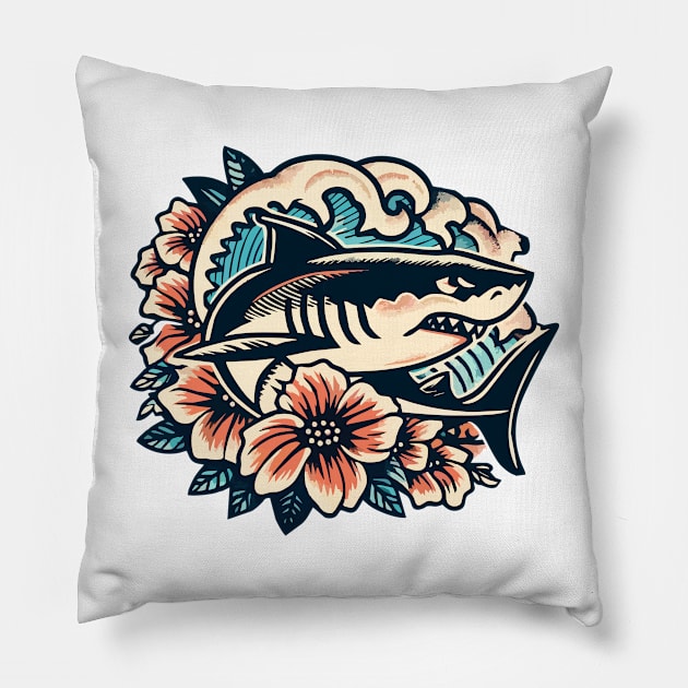 Tropical Shark Riding Wave Pillow by Organicgal Graphics