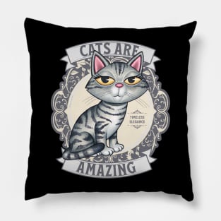 Cute Gray Tabby Kitty Cat on Design with Silver Cats are Amazing Pillow