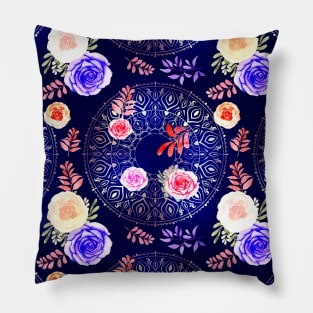 Spring Mandalas and Roses Midnight Blue Pillow