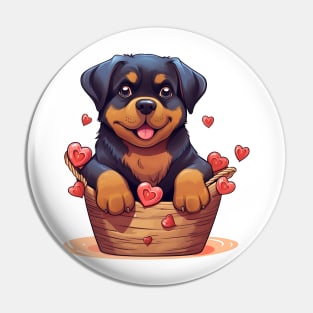 Cartoon Rottweiler Dog in Hearts Basket Pin