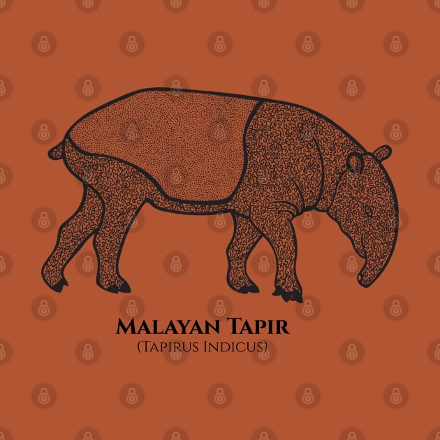 Malayan Tapir with Common and Scientific Names - detailed animal drawing by Green Paladin