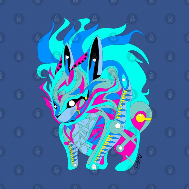 light blue rabbit kaiju in rainbow electric colors in mexican patterns by jorge_lebeau