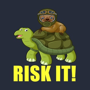 Funny Sloth Racing On Turtle Risk It T-Shirt