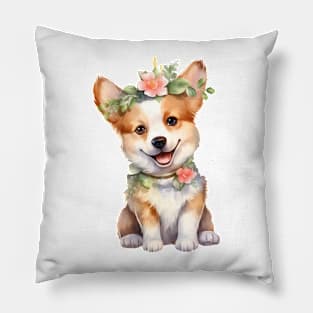 Watercolor Pembroke Welsh Corgi Dog with Head Wreath Pillow