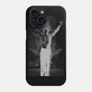 Portrait, digital collage and special processing. Shirtless man, stands. All chakras opened. Mystic. Grayscale. Phone Case