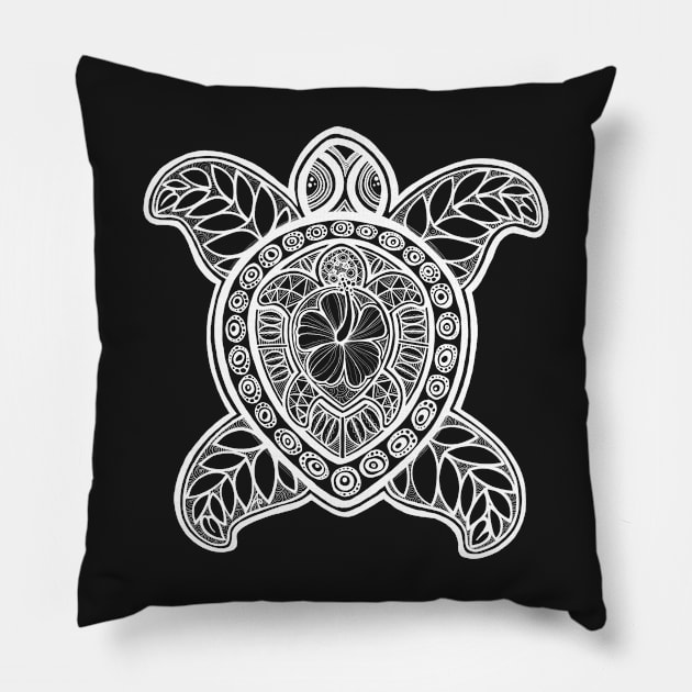 Pasifika Turtle - white on black Pillow by AprilAppleArt