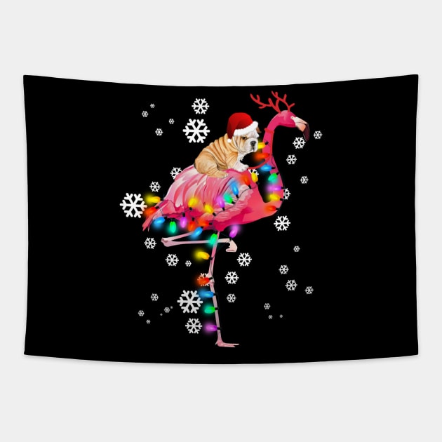 Bulldog riding Flamingo Christmas Tapestry by wheeleripjm