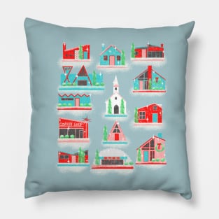 Red, Turquoise and Pink Putz village with snow Pillow