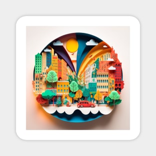 3D Effect Papercut Art - Cityscape Scene Magnet