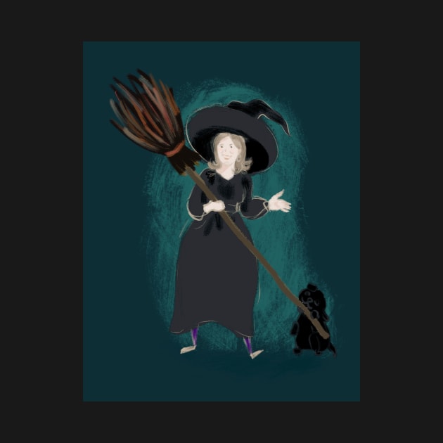 Cottage core witch with broom and Labrador puppy by Orangerinka