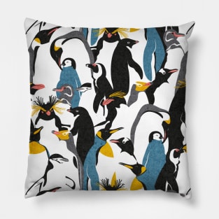 We love penguins // black white grey dark teal yellow and coral type species of penguins (King, African, Emperor, Gentoo, Galápagos, Macaroni, Adèlie, Rockhopper, Yellow-eyed, Chinstrap) Pillow