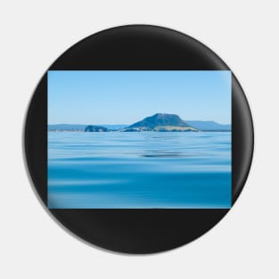 Landmark Mount Maunganui at Tauranga New Zealand and background hills across calm idyllic blue sea Pin