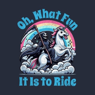 Oh What Fun It Is to Ride - Grim Reaper Unicorn on Rainbow Clouds T-Shirt