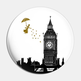 Mary Poppins and Big Ben Linocut in black and gold Pin