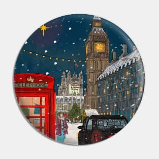 London Christmas Night Cityscape Art Pin