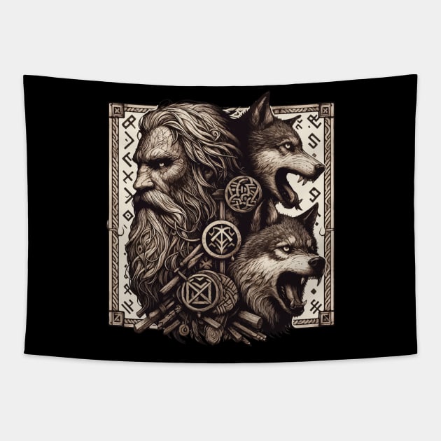 Odin with Two Wolfs Norse Mythology Valhalla Tapestry by TomFrontierArt