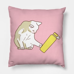 Cat knocking yellow water bottle Pillow