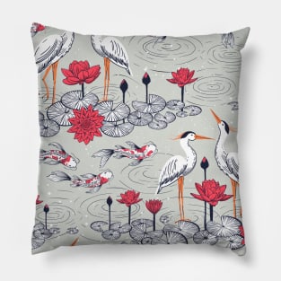 Koi fishes - Japanese carps, water lilies and cranes. Pillow