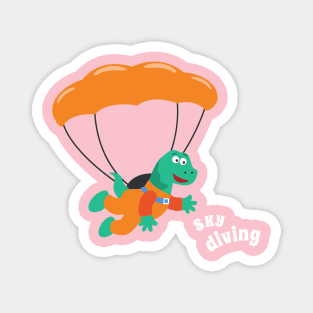 cartoon illustration of skydiving with litlle dinosaur Magnet