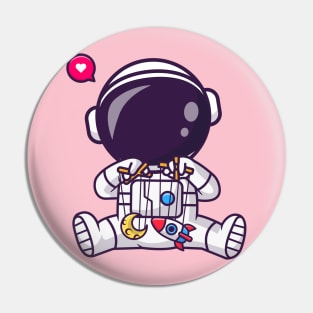 Cute Astronaut Playing With Moon And Rocket Puppet Cartoon Pin