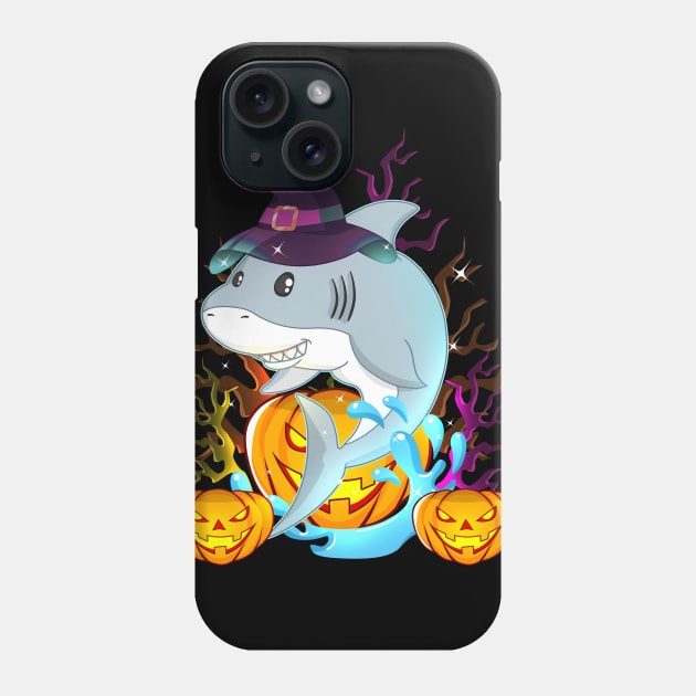 Shark With Witch Hat And Jack O Lantern Halloween Phone Case by TheBeardComic