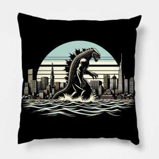 Vintage Godzilla Roars: Classic Sci-Fi Godzilla T-Shirt Design Pillow