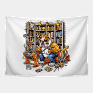 A Carpenter English Bulldog with a measuring tape and drill, installing shelves in a cozy home library Tapestry