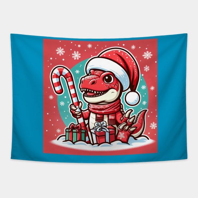 Red Christmas T-Rex Tapestry by Sketchy