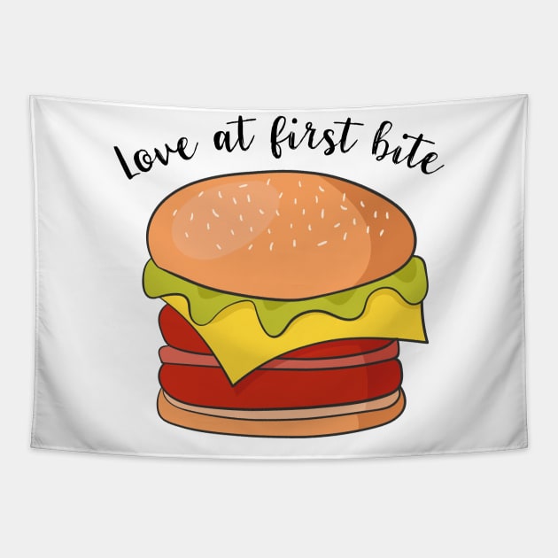 Love At First Bite- Tasty Funny Burger Gift Tapestry by Dreamy Panda Designs