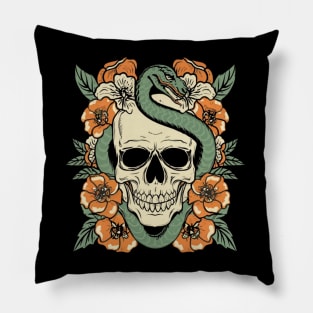 Traditional Skeleton Serpent Tattoo Pillow