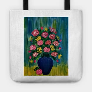 mixed flowers with red roses In a metallic blue vase Tote