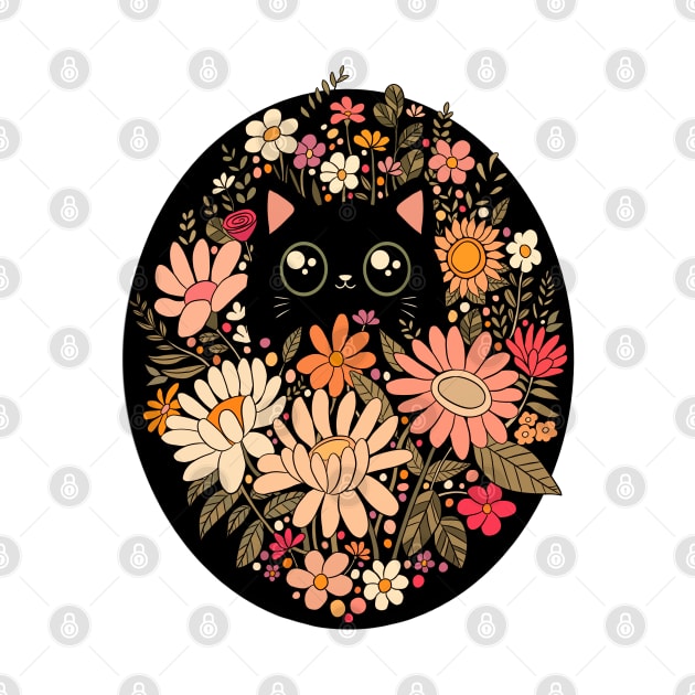 Cute Boho black cat with pink wildflowe by Yarafantasyart
