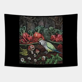 watercolor parrot tending garden with mushroom Tapestry